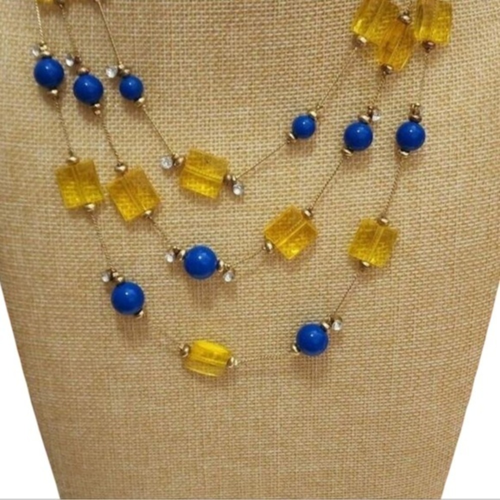 Treska Blue Yellow Multi Strand Layered Statement Necklace Gold Tone Rhinestones - Picture 2 of 6